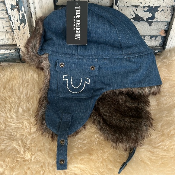 True Religion Trapper Hat Dark Blue Denim Faux Fur Horseshoe Pockets NWT - Picture 1 of 8
